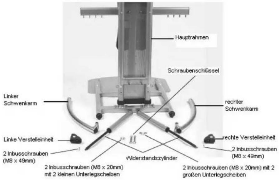 Hauptrahmen Schraubenschlüssel rechter Schwenkarm Linker Schwenkarm linke Verstelleinheit 2 Inbusschrauben (M8 x 49mm) 2 Inbusschrauben (M8 x 20mm) mit 2 kleinen Unterlegscheiben Viderstandszylinder rechte Verstelleinheit 2 Inbusschrauben (M8 x 49mm) 2 Inbusschrauben (M8 x 20mm) mit 2 großen Unterlegscheiben