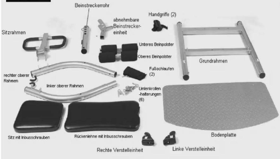 Sitzrahmen Rechter oberer Rahmen Beinstreckerrohr abnehmbare Beinstreckereinheit Handgriffe (2) Unteres Beinpolster Oberes Beinpolster Fußschlaufen (2) Grundrahmen rechter oberer Rahmen linker oberer Rahmen Umlenkrollen -halterungen (6) Sitz mit Inbusschrauben Rückenlehne mit Inbusschrauben Rechte Verstelleinheit Linke Verstelleinheit Bodenplatte