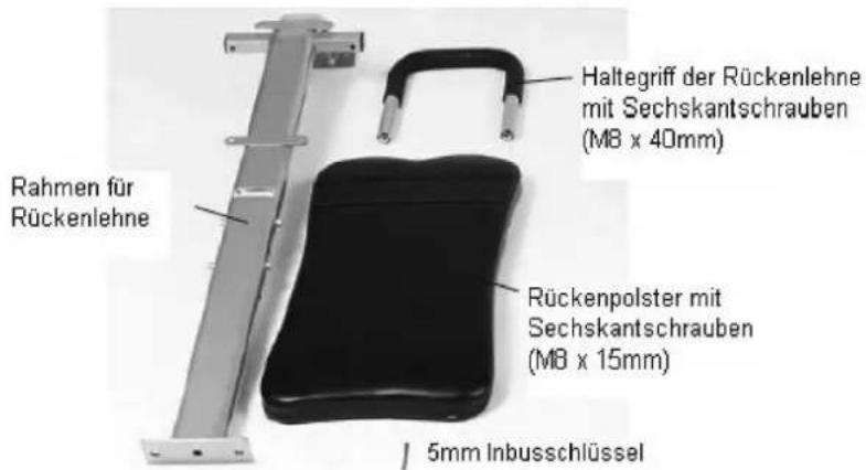 Rahmen für Rückenlehne Haltegriff der Rückenlehne mit Sechskantschrauben (M8 x 40mm) Rückenpolster mit Sechskantschrauben (M8 x 15mm) 5mm Inbusschlüssel