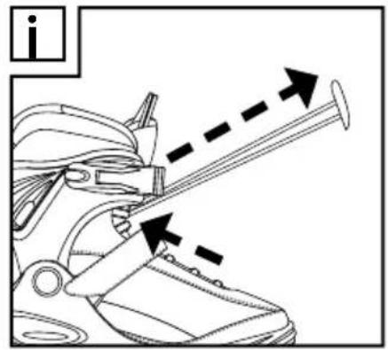 Diagram showing a shoe being adjusted for a seatbelt, with arrows indicating motion direction and label 'i' in the corner.