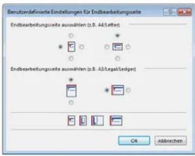 Benutzerdefinierte Einstellungen für Endbearbeitungseite Endbearbeitungseite auswählen (z.B. A4/Letter) Endbearbeitungseite auswählen (z.B. A3/Legal/Ledger) OK Abbrevchen