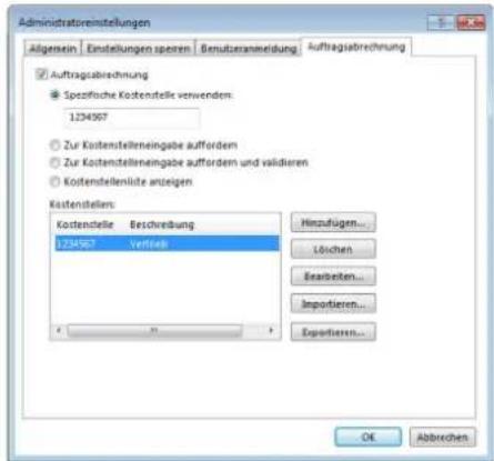 Administratoreinstellungen Allgemein Einstellungen spieren Benutzansrechnung Auftragsabrechnung ✓ Auftragsabrechnung ● Spazifische Kostenstelle verwenden: 1234567 ○ Zur Kostenstelleneingabe auffordern ○ Zur Kostenstelleneingabe auffordern und validieren ○ Kostenstelleneilite anzeigen Kostenstellen: Kostenstelle Beschreibung 1234567 Vertrieb Hinzufügen... Löchen Bearbeiten... Importieren... Exportieren... OK Abbrechen