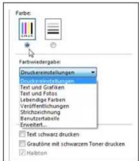 Farbe: Fartwiedergabe: Druckereinstellungen Druckereinstellungen Text und Grafiken Text und Fotos Lebendige Farben Veröffentlichungen Strichzeichnung Berutzertabelle Erweitert... □ Text schwarz drucken □ Grautöne mit schwarzem Toner drucken □ Halblon