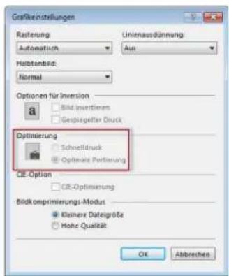 Gräffkeinstellungen Rastierung Automatisch Halbtansbild: Normal Linienausdimmung: Aus Optionen für Inversion Bild invertieren Gespiogefelter Druck Optimierung Schnelldruck Optimate Portierung CE-Option CE-Optimierung Bildkomprimierungs-Modus Kleinere Dategröße Hohe Qualität OK Abbrevien
