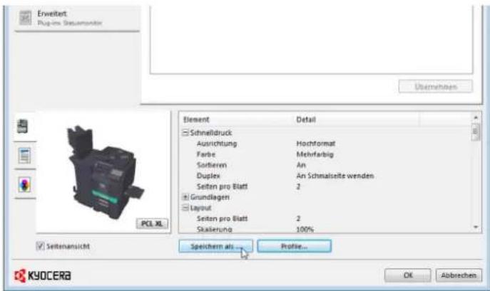 Erweitert Program Statusmonitor Element Detail Schnelldruck Ausrichtung Hochformat Farbe Mehrfarbig Sortieren An Duplex An Schmalseite wenden Seiten pro Blatt 2 Grundlagen Layout Seiten pro Blatt 2 Stakierung 100% Speichern als... Profile... OK Abbrechen KYOCEBA