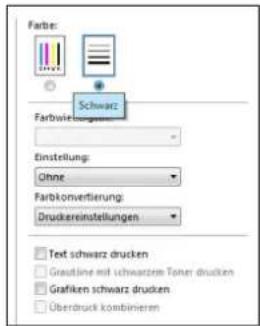 Farbe: Schwarz Farbwiefengesamt Einstellung: Ohne Farbkonvertierung: Druckereinstellungen Text schwarz drucken Grautline mit schwarzem Toner drucken Grafiken schwarz drucken Überdruck kombinieren