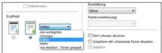 Glanzmodus EcoPrint: Mittel As wenigsten Wemiger Mehr Mehr As meisten - Toner gespart Einstellung: Ohne Farbkonvertierung: Text schwarz drucken Grautöne mit schwarzem Toner drucken Halabon