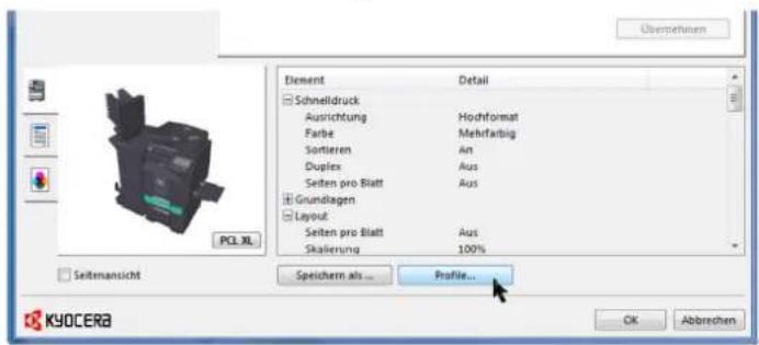 Element Detail Schnelldruck Aussrichtung Hochformat Farbe Mehrfarbig Sortieren An Duplex Aus Seiten pro Blatt Aus Grundlagen Layout Seiten pro Blatt Aus Skalierung 100% Seitensansicht Profile... OK Abbrechen PCL XL