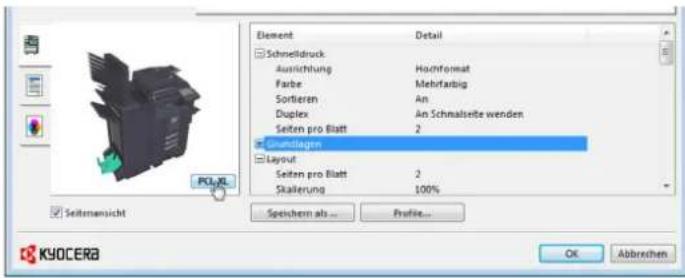 Element Detail Schneldruck Ausschung Hachformat Farbe Mehrfarbig Sortieren An Duplex An Schnalseite wenden Seiten pro Blatt 2 Grundlagen Layout Seiten pro Blatt 2 Skalierung 100% Speichen als... Profile... OK Abbrachten Seitensansicht KYOCERA