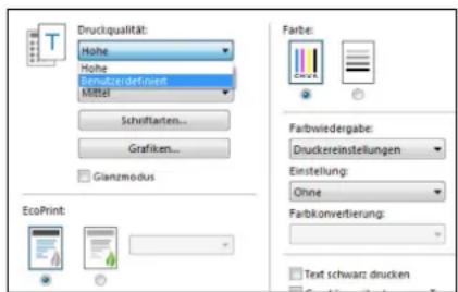 Druckqualität: Hohe Hohe Bemützerdefiniert Mittel Schriftarten... Grafiken... Glanzmodus EcoPrint: Farbe: Farbwiedergabe: Druckereinstellungen Einstellung: Ohne Farbkonvertierung: Text schwarz drucken