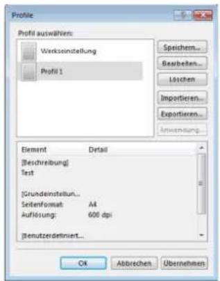 Profile Profit auswalters: Werkseinstellung Profit 1 Speichern... Bearbeiten... Lösten Importieren... Exportieren... Anwendung Element Detail [Beschreibung] Test [Grundeinstellung...] Seitenformat: A4 Auflösung: 600 dpi Benutzerdefiniert... OK Abbrechen Übernehmen