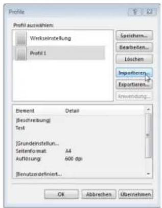 Profile Profit auswählen: Werksinstellung Profit 1 Speichern... Bearbeiten... Löschen Importieren... Exportieren... Anwendung... Element Detail [Beschreibung] Test [Grundeinstellung] Seitenformat: A4 Auflösung: 600 dpi [Benutzerdefiniert...] OK Abbrachen Überühmen