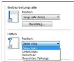 Endbearbeitungsseite: Position: Langsseite (links) Bundsteg... Heften: Position: Oiben links Oiben links Unten links Broschüre Broschüre (Faltung)