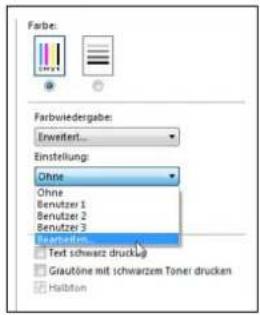 Farbe: Farbwiedergabe: Erweiter... Einstellung: Ohne Ohne Benutzer 1 Benutzer 2 Benutzer 3 Beteilen... Text schwarz drucklag Gautöne mit schwarzem Toner drucken Halbton