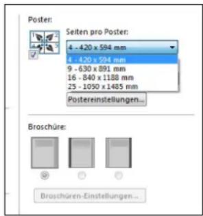 Poster: Seiten pro Poster: 4 - 420 x 594 mm 6 - 420 x 594 mm 9 - 630 x 891 mm 16 - 840 x 1188 mm 25 - 1050 x 1485 mm Postereinstellungen... Broschüre: Broschüren-Einstellungen...