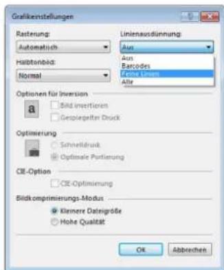 Grafikenstellungen Rasterung: Automatisch Halbtenbild: Normal Linienausdimmung: Aus Aus Barcodes Feine Linien Alle Optionen für Inversion Bild invertieren Geoplegaten Druck Optimierung Schnelldruck Optimale Partierung CIE-Option CIE-Optimierung Bildkomprimierungs-Modus Kleinere Datengröße Hohe Qualität OK Abbrachen