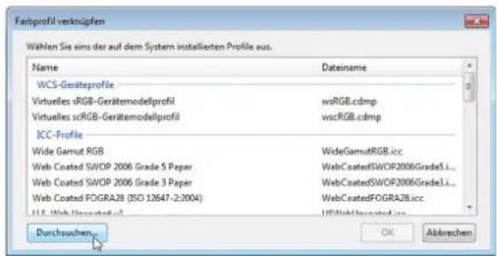 Farbprofil verknüpfen Wählen Sie eins der auf dem System installierten Profile aus. Name Dateiname WCS-Geräteprofile Virtualles sRGB-Gerätemodelprofil wsRGB.cdm Virtualles scRGB-Gerätemodelprofil wscRGB.cdm ICC-Profile Wide Gamut RGB WideGamutRGB.icc Web Coated SWOP 2006 Grade 5 Paper WebCoatedSWOP2006Grade5i... Web Coated SWOP 2006 Grade 3 Paper WebCoatedSWOP2006Grade1i... Web Coated FOGRA28 (ISO 12647-2:2004) WebCoatedFOGRA28.icc U.S. Web Coated iCC USGridCoated icc Durchsuchen OK Abbrechen