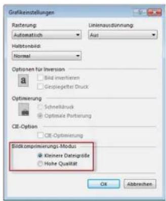 Grafikkeinstellungen Rasterung Automatisch Halbetonbild: Normal Linienausdinnung: Aus Optionen für Inversion Bild insertieren Gespiegelter Druck Optimierung Schnelldruck Optimale Portierung CE-Option CE-Optimierung Bildkomprimierungs-Modus Kleinere Dateigröße Hohe Qualität OK Abbreihen