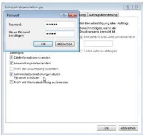 Administratoreinstellungen Password Password: ****** Neues Password: ****** Bestätigen: OK Abbrechen Auftragsabrechnung Mail-Benachrichtigung über Auftrag: Benachrichtigen, wenn der Druckzorgang beendet ist Bestimnte E-Mail-Adresse verwenden Sonstiges: Zahlinformationen senden Anwendungsname senden Profit der Anwendung auordnen Administratoreinstellungen durch Password schützen Profit mit Werkseinstellung ausblenden E-Mail-Adresse abfragen OK Abbrechen