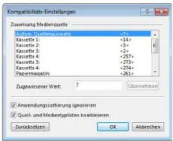 Kompaßlikäts-Einstellungen Zuweisung Medienquelle Aufwand Quotengeswerte <7> Kassette 1: <14> Kassette 2: <3> Kassette 3: <2> Kassette 4: <257> Kassette 5: <273> Kassette 6: <274> Kassette 7: <261> Zugewiesener Wert: 7 Übernehmen ✓ Anwendungssortierung ignieren ✓ Quell- und Medientypilaten kombisieren Durchssetzen OK Abbrechen