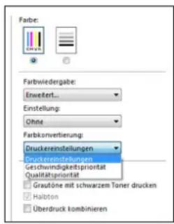 Farbe: Farbwiedergabe: Erweitert... Einstellung: Ohne Farbkonvertierung: Druckereinstellungen Druckereinstellungen Geschwindigkeitspriorität Qualitätspriorität □ Grautöne mit schwarzem Toner drucken □ Halibton □ Überdruck kombinieren