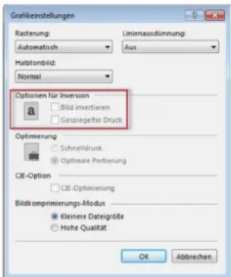 Grafikenstellungen Rasterung: Automatisch Linienausdünnung: Aus Halbtonbild: Normal Optionen für Inversion Bild invertieren Gespiegelter Druck Optimierung Schnelldruck Optimale Portierung CIE-Option CIE-Optimierung Bildkomprimierungs-Modus Kleinere Dateigröße Hohe Qualität OK Abbrechen
