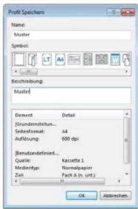 Profit Speichern Name: Muster Symbol: LT A4 Beschreibung: Muster Element Detail [Grundensiteln... Seitenformat: A4 Auflösung: 600 dpi ]Benutzdefiniert... Quelle: Kassette 1 Mediontyp: Normalpapier Zieh: Fach A (n. und.) OK Abbrevien