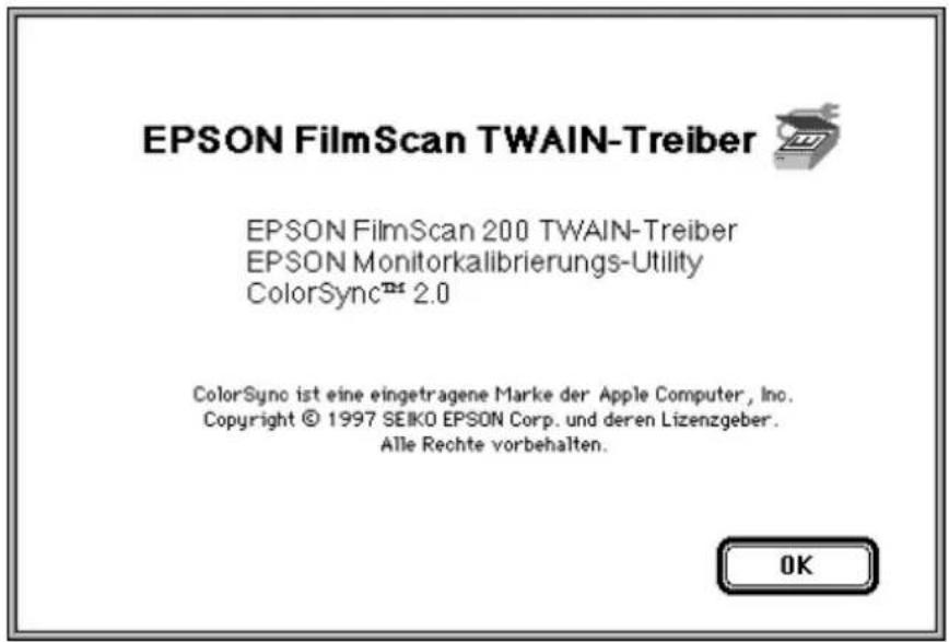 EPSON FilmScan TWAIN-Treiber EPSON FilmScan 200 TWAIN-Treiber EPSON Monitorkalibrierungs-Utility ColorSync™ 2.0 ColorSync ist eine eingetragene Marke der Apple Computer, Inc. Copyright © 1997 SEIKO EPSON Corp. und deren Lizenzgeber. Alle Rechte vorbehalten. OK