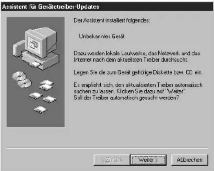 Assistent für Gerätetreiber-Updates Der Assistent installiert folgendes: Unbekanntes Gerät Dazu werden lokale Laufwerke, das Netzwerk und das Internet nach dem aktuellsten Treiber durchsucht. Legen Sie die zum Gerät gehörige Diskette bzw. CD ein. Es empfiehlt sich, den aktualisierten Treiber automat…