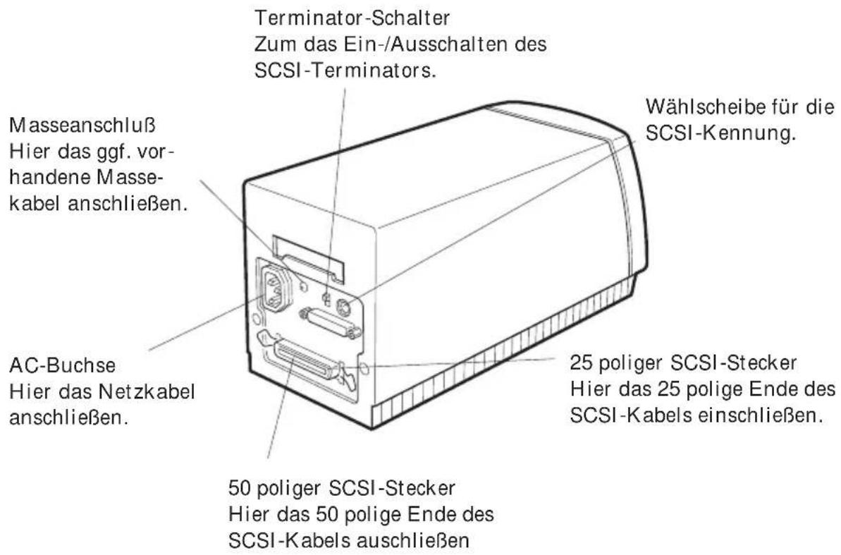 Terminator-Schalter Zum Ein-/Ausschalten des SCSI-Terminators. Masseanschluss Hier das ggf. vorhandene Massekabel anschließen. Wählscheibe für die SCSI-Kennung. AC-Buchse Hier das Netzkabel anschließen. 25-poliger SCSI-Stecker Hier das 25-polige Ende des SCSI-Kabels anschließen. 50-poliger SCSI-Stec…