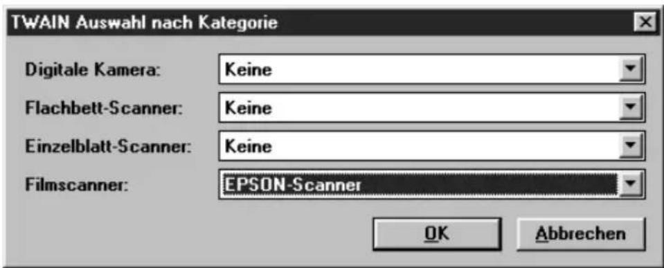 TWAIN Auswahl nach Kategorie Digitale Kamera: Keine Flachbett-Scanner: Keine Einzelblatt-Scanner: Keine Filmscanner: EPSON-Scanner OK Abbrechen
