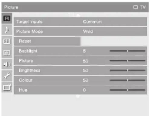 Picture Target Inputs Common Picture Mode Vivid Reset Backlight 5 Picture 50 Brightness 50 Colour 50 Hue 0