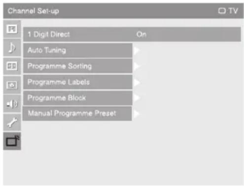 Channel Set-up 1 Digit Direct On Auto Tuning Programme Sorting Programme Labels Programme Block Manual Programme Preset