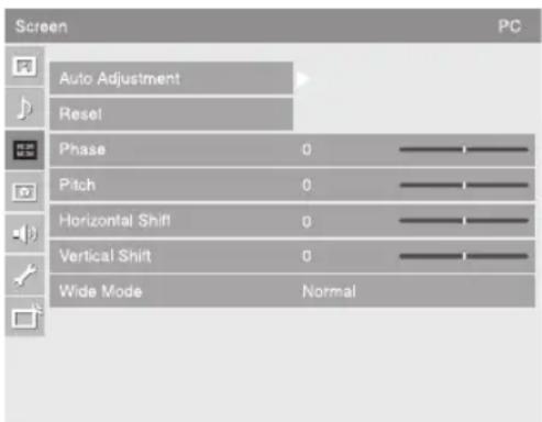 Screen Auto Adjustment Reset Phase 0 Pitch 0 Horizontal Shift 0 Vertical Shift 0 Wide Mode Normal