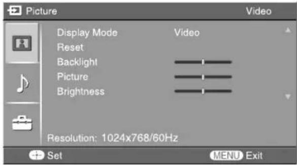 Picture Display Mode Reset Backlight Picture Brightness Video Resolution: 1024x768/60Hz Set MENU Exit
