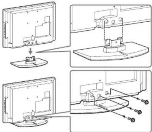 Technical diagram showing assembly steps of a computer monitor with labeled components and directional arrows indicating assembly direction.