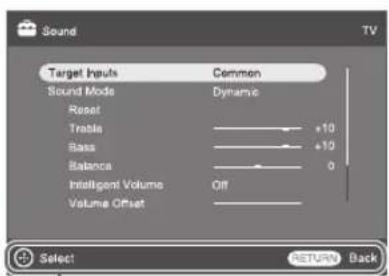 Sound TV Target Inputs Ccommon Sound Mode Dynamic Reset Trabla +10 Bass +10 Balance 0 Intelligent Volume Off Volume Offset Select RETURN Back