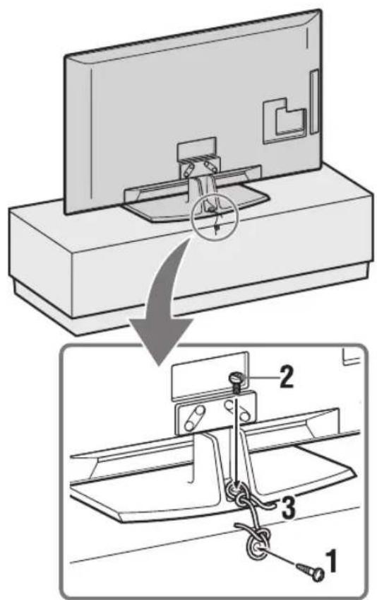 Technical diagram showing a cable mounting device with labeled parts and a magnified view of the assembly.