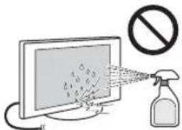 Diagram illustrating a disinfection procedure with a monitor, spray bottle, and prohibition symbol