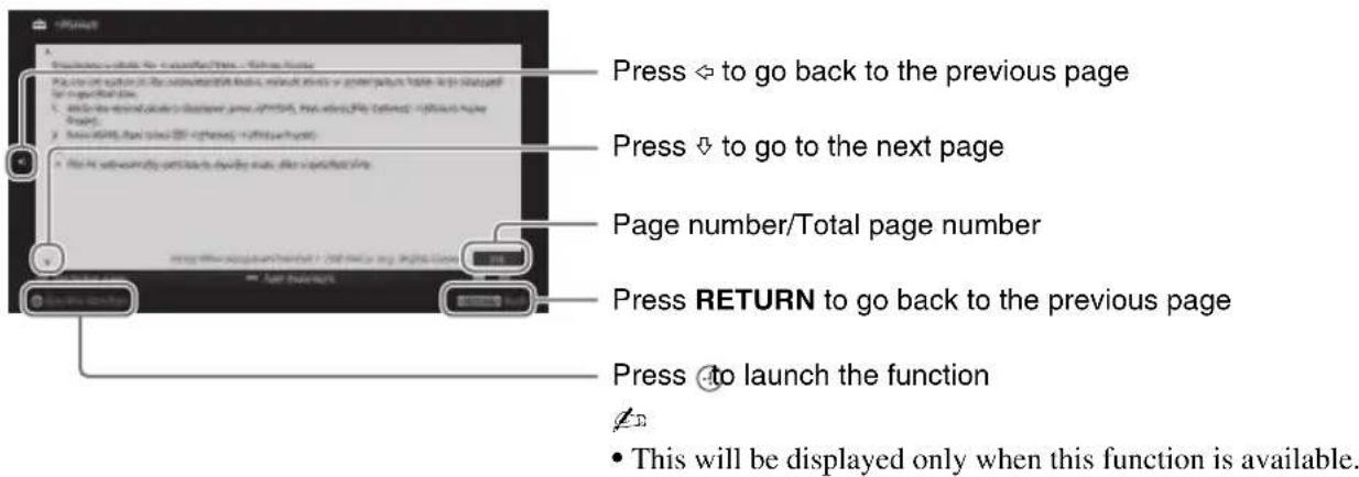 Press → to go back to the previous page Press ↓ to go to the next page Page number/Total page number Press RETURN to go back to the previous page Press → launch the function • This will be displayed only when this function is available.