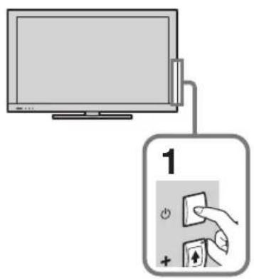 Diagram showing a monitor connected to a device labeled '1' with a hand pressing a button, indicating a switch or action.