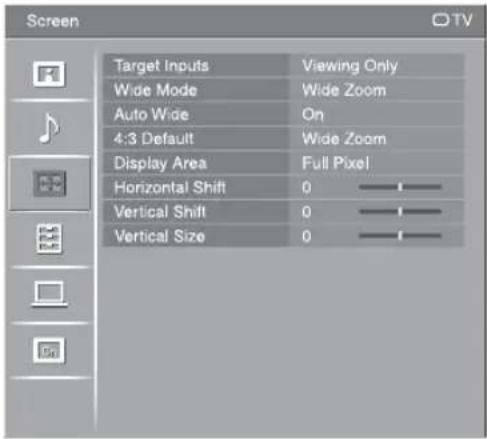 Screen Target Inputs Viewing Only Wide Mode Wide Zoom Auto Wide On 4:3 Default Wide Zoom Display Area Full Pixel Horizontal Shift 0 Vertical Shift 0 Vertical Size 0