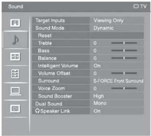Sound Target Inputs Viewing Only Sound Mode Dynamic Reset Treble 0 Bass 0 Balance 0 Intelligent Volume On Volume Offset 0 Surround S-FORCE Front Surround Voice Zoom 0 Sound Booster High Dual Sound Mono Speaker Link On