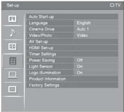 Set-up Auto Start-up Language English Cinema Drive Auto 1 Video/Photo Video AV Set-up HDMI Set-up Timer Settings Power Saving Off Light Sensor On Logo Illumination On Product Information Factory Settings