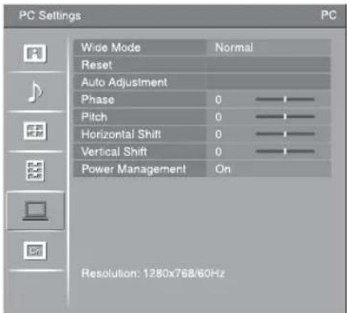 PC Settings Wide Mode Normal Reset Auto Adjustment Phase 0 —— Pitch 0 —— Horizontal Shift 0 —— Vertical Shift 0 —— Power Management On Resolution: 1280x768/60Hz
