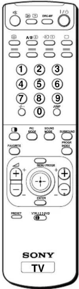 DRC-MF A/B ① ② ③ 4 ⑤ ⑥ 7 ⑧ ⑨ 0 JUMP PIC MODE SOUND MODE SUBROUND PROGR INDEX FAVORITE MENU PROGR ENTER PRESET YTR123DVD SONY TV