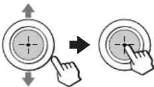 Diagram showing two finger states on a circular button, one pointing at the center and the other to press the button.