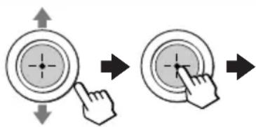 Diagram showing two circular button states with arrows indicating finger movement, likely illustrating a navigation or press function.