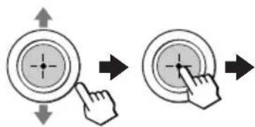 Diagram showing two circular buttons with arrows indicating finger movement, one pointing at a target center and the other pressing a button.
