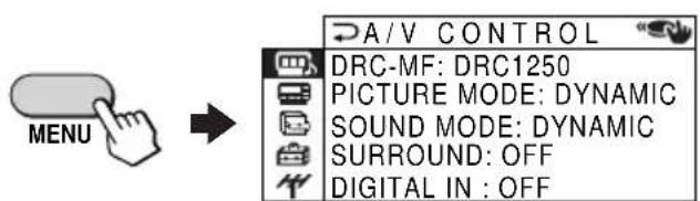 MENU A/V CONTROL DRC-MF: DRC1250 PICTURE MODE: DYNAMIC SOUND MODE: DYNAMIC SURROUND: OFF DIGITAL IN : OFF